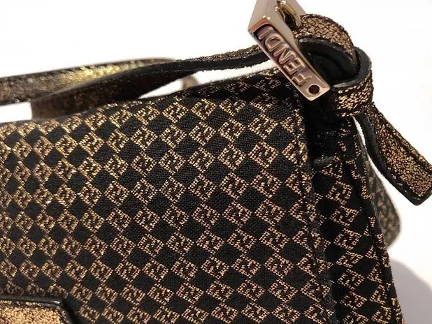 2000s FENDI ZUCCHINO GOLD Black FF MAMA MINI BAGUETTE Bag