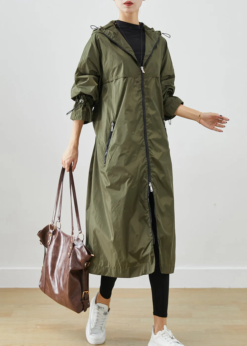 Army Green Spandex Trench Cinched Drawstring Fall ML2418