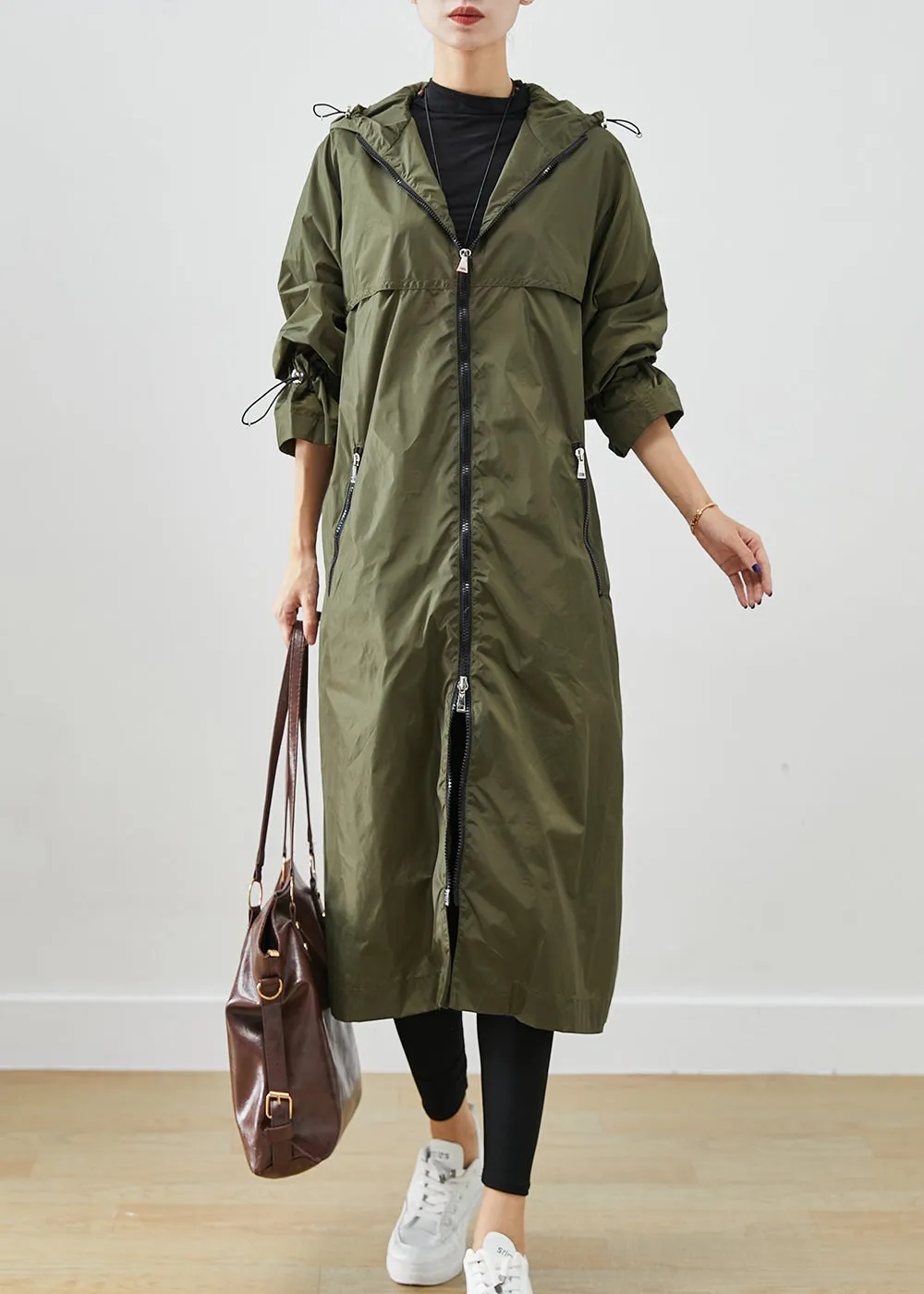 Army Green Spandex Trench Cinched Drawstring Fall ML2418