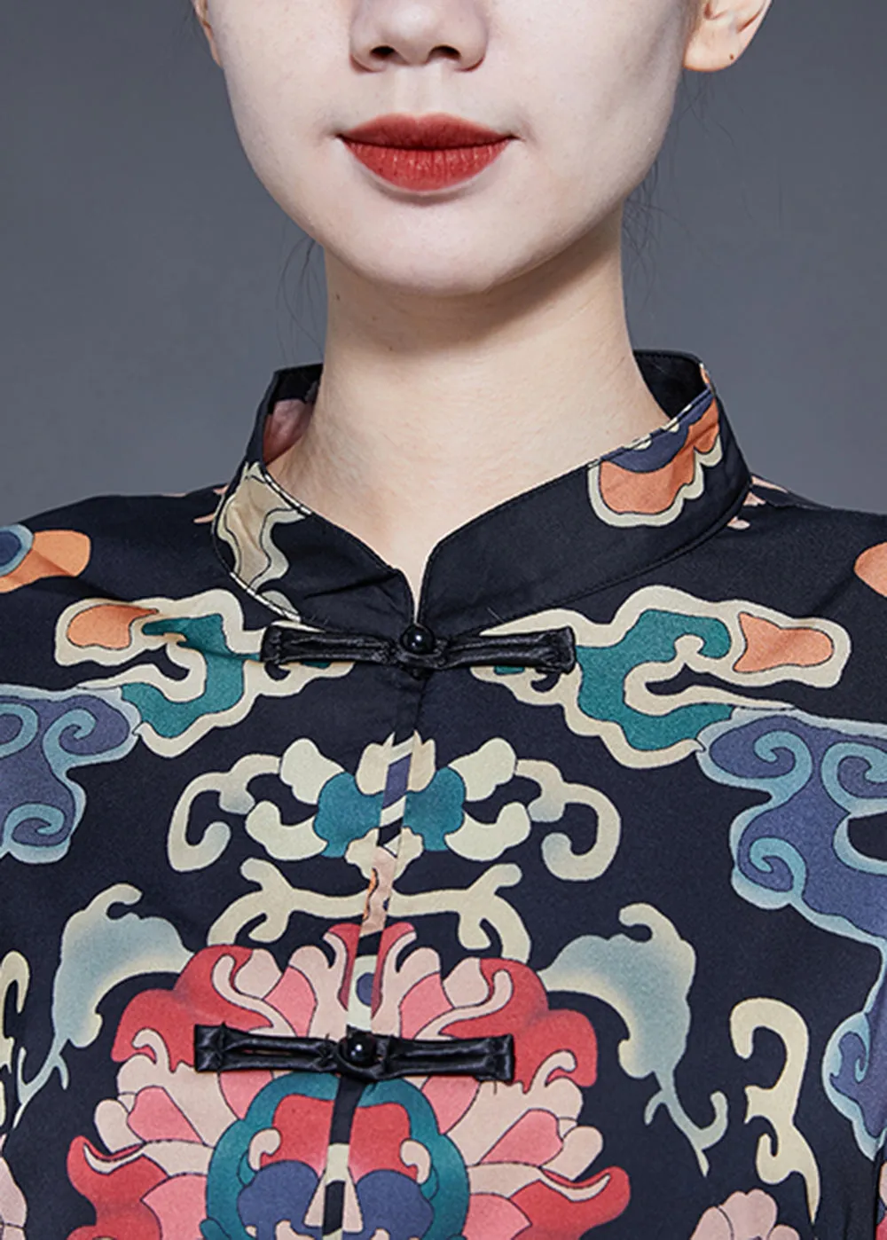 Art Black Mandarin Collar Chinese Button Print Silk Trench Coats Spring LY1773