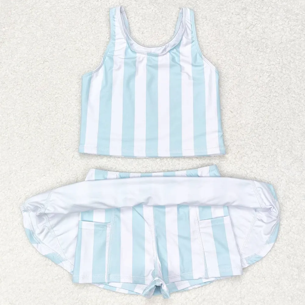 Baby Girls Swimsuits Summer Blue Stripes Top Skirts Active Wear Sets GSD0990