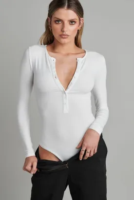 Bayse Brand Womens Lara Long Sleeve Crew Neck Button Down Bodysuit White