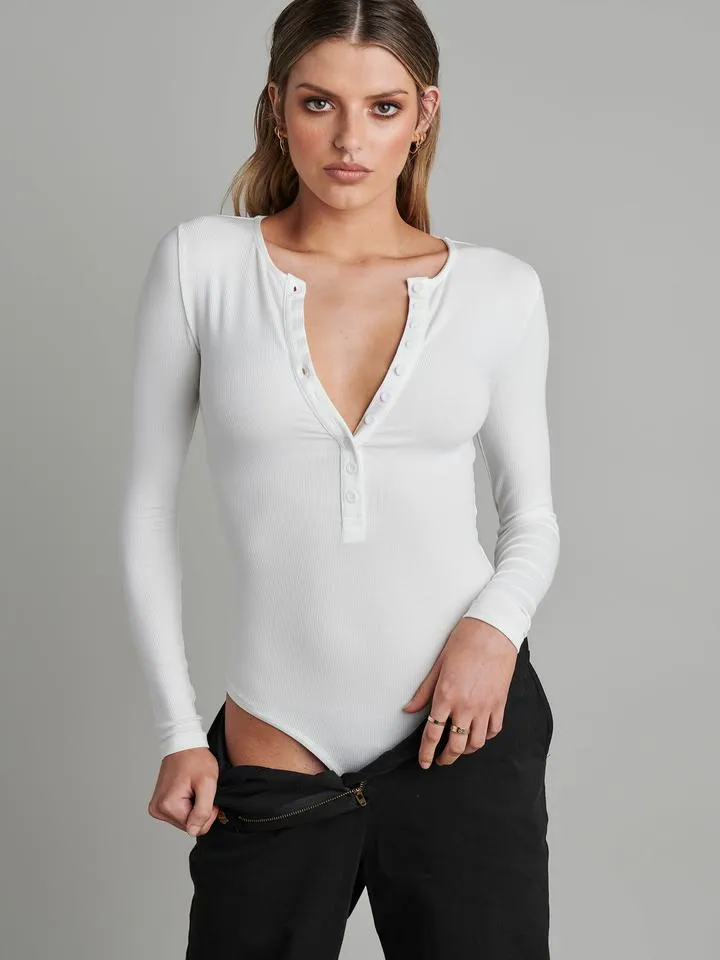 Bayse Brand Womens Lara Long Sleeve Crew Neck Button Down Bodysuit White