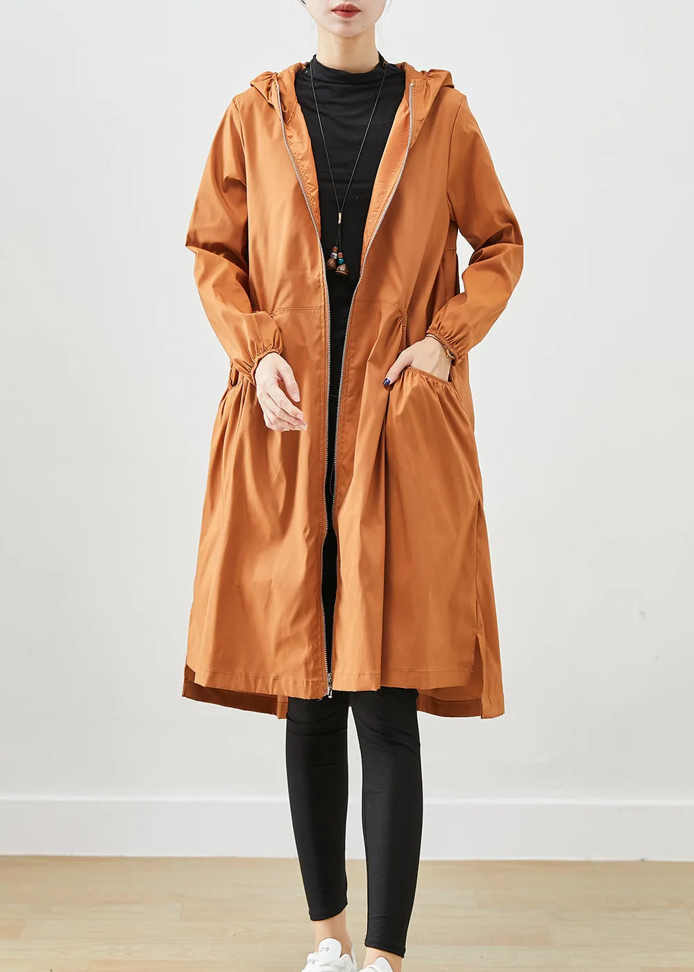 Beautiful Khaki Hooded Pockets Cotton Trench Fall ML2485