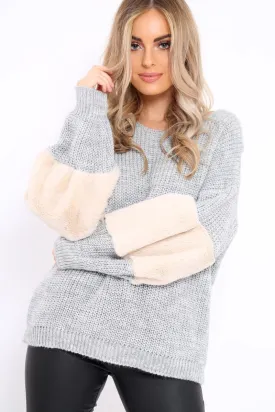 Beige Chunky Knit Faux Fur Front Panel Jumper - Ophelia