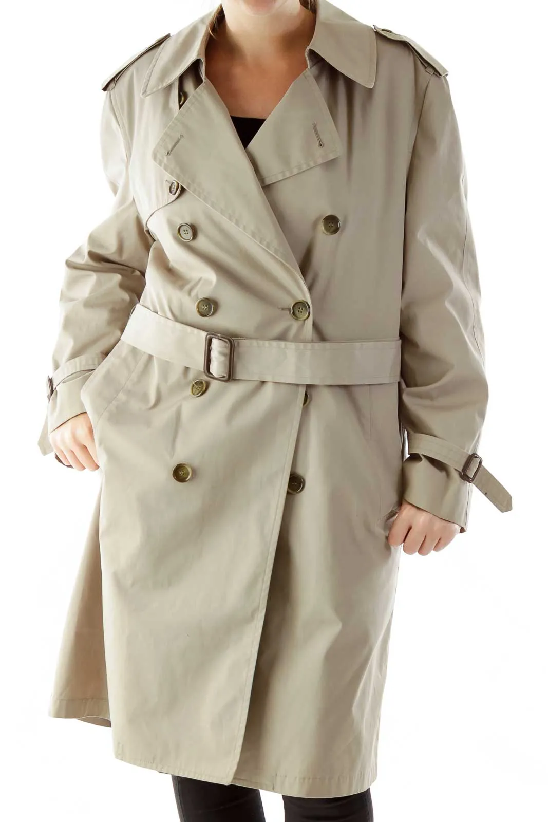 Beige Single-Breasted Layered Trench Coat