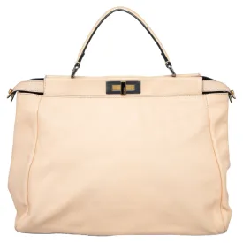 Beige/Black Leather Beads Lining Large Peekaboo Top Handle Bag