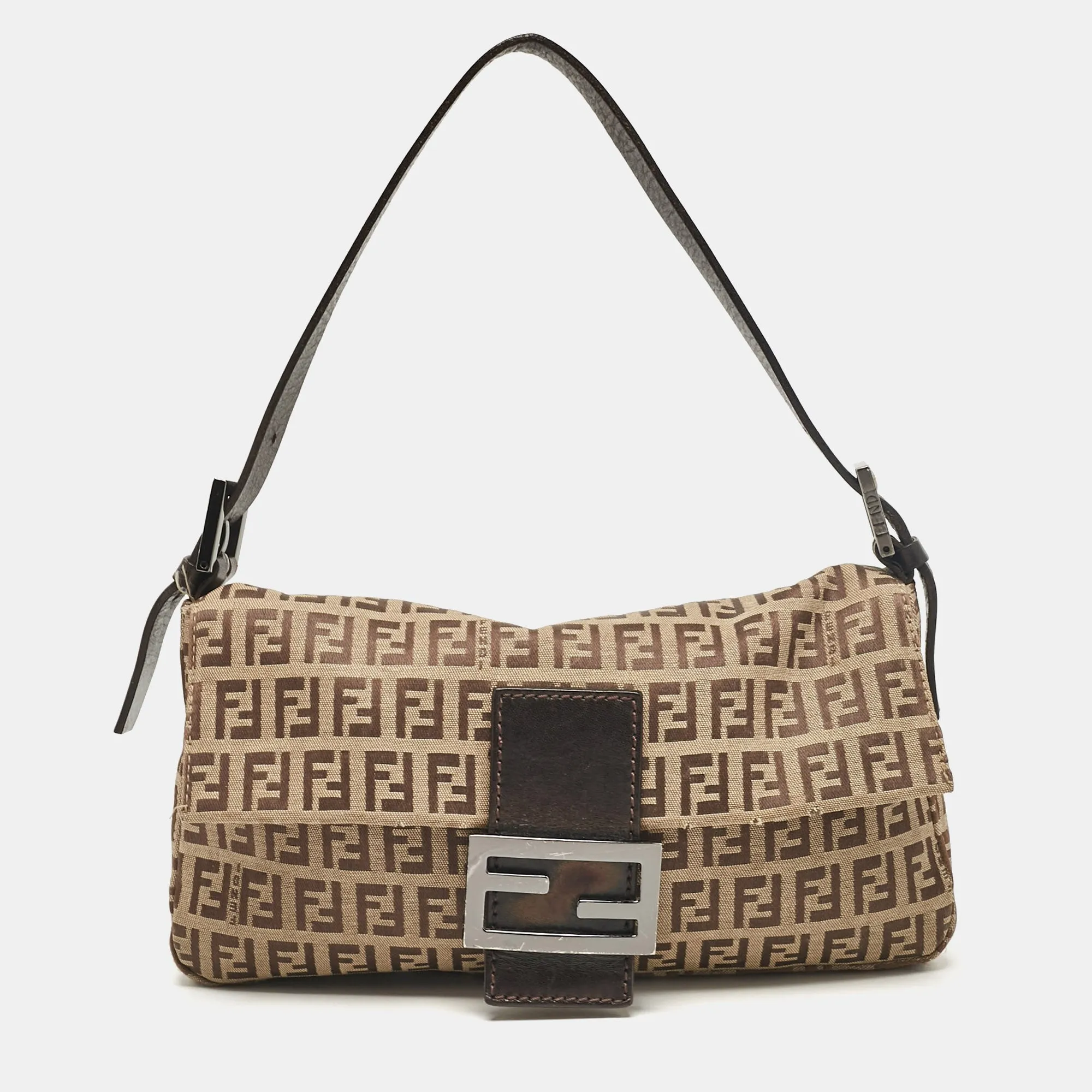 Beige/Brown Zuchinno Fabric and Leather Mama Baguette Bag