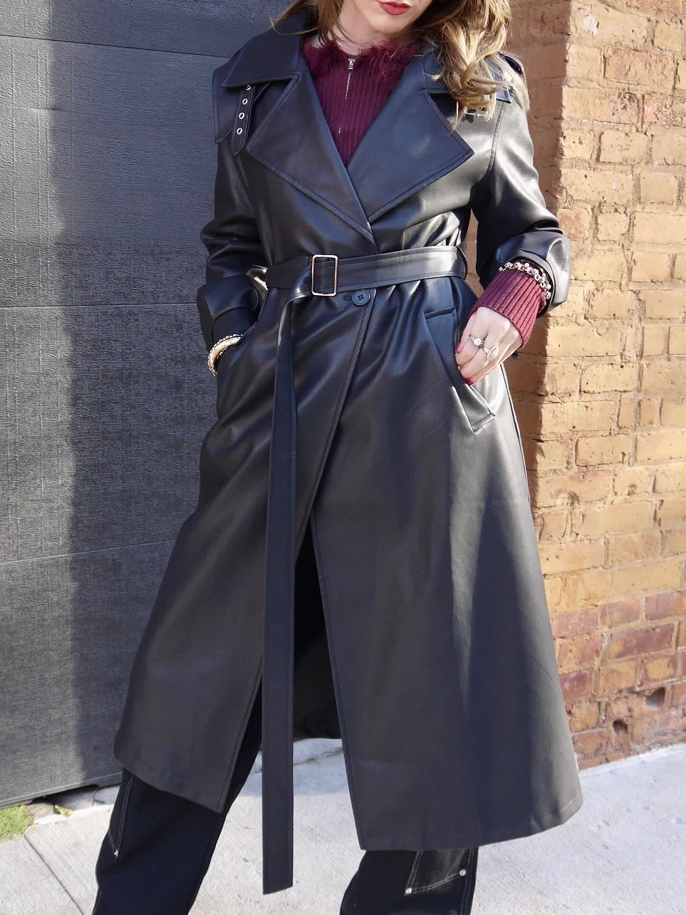 belted long coat jacket