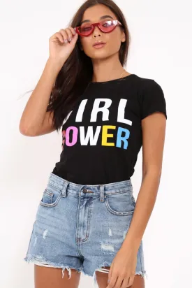 Black Crew Neck Girl Power Colour Slogan T-Shirt - Edyth