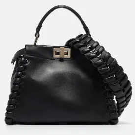 Black Leather Mini Whipstitched Peekaboo Top Handle Bag