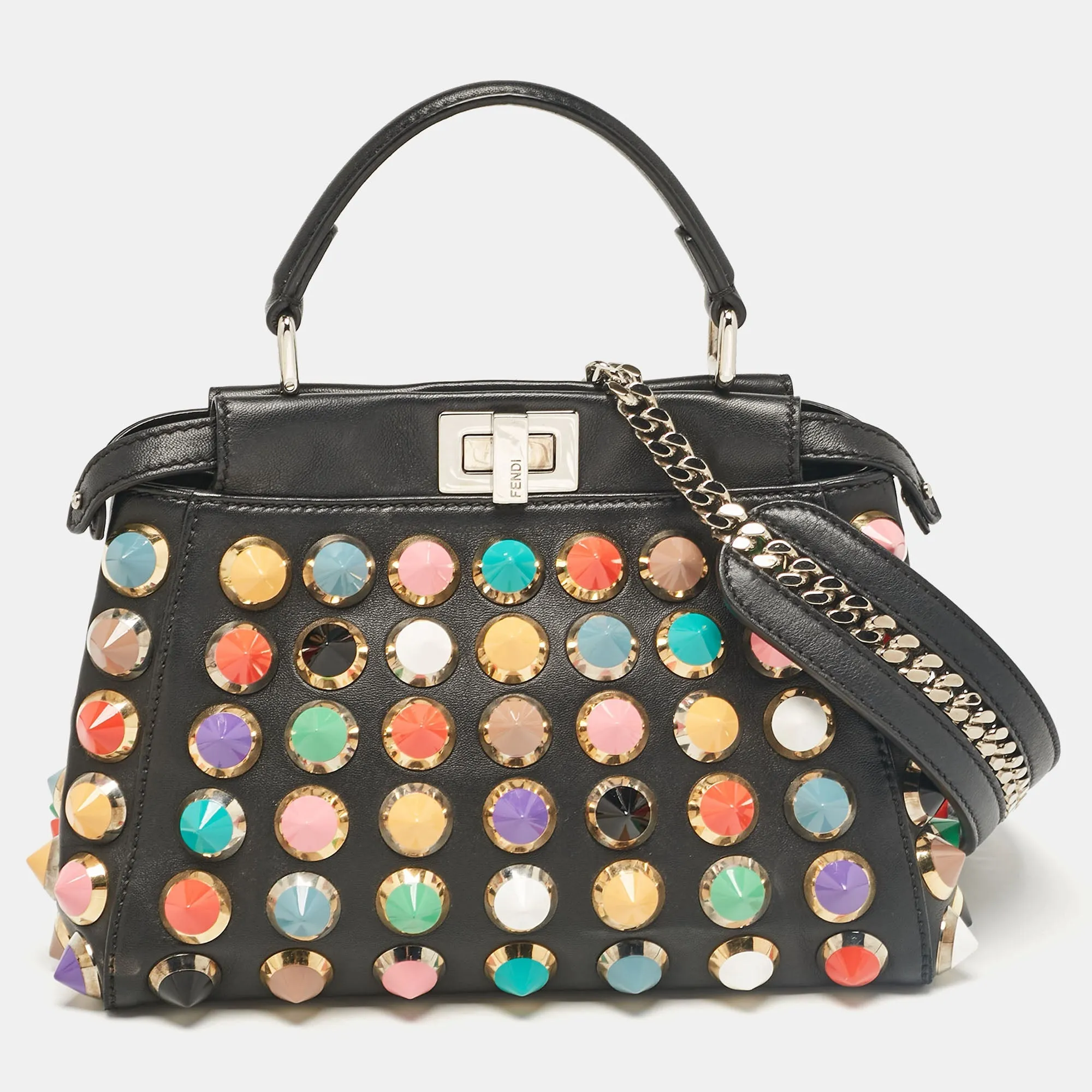 Black Leather Studded Peekaboo Top Handle Bag