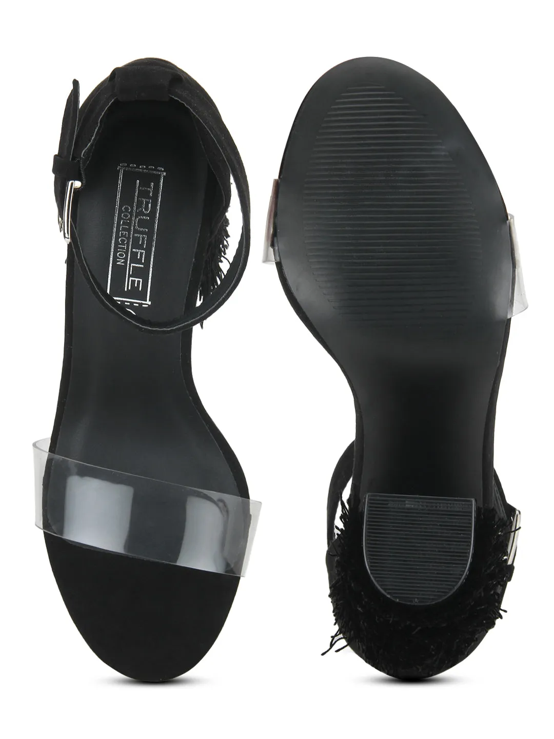 Black Microfibre Fringe Perspex Ankle Strap Block Heels