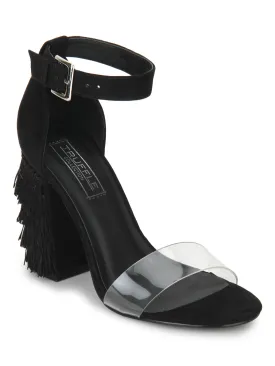 Black Microfibre Fringe Perspex Ankle Strap Block Heels