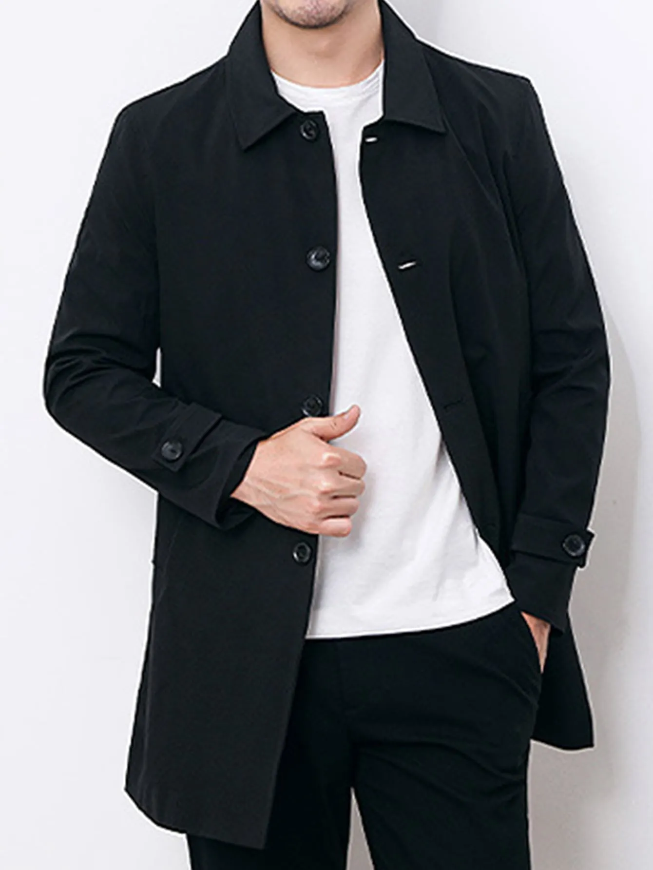 Black Single Breasted Button Front Trench Coat