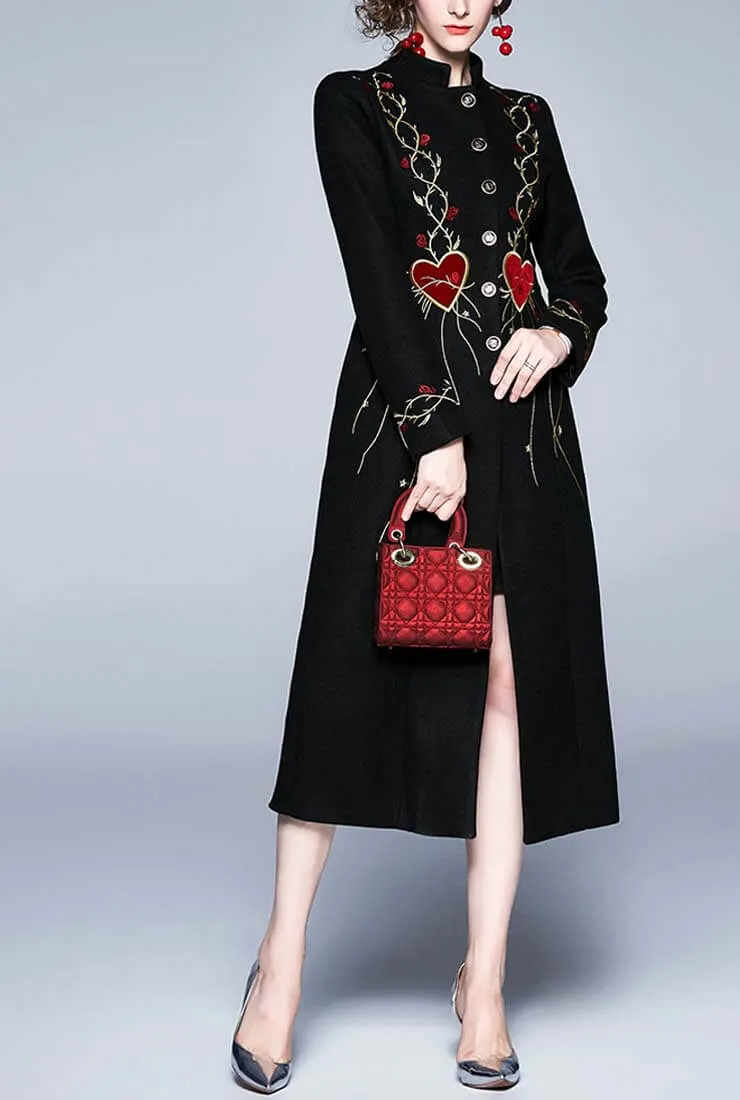 Black Vintage Luxury Embroidery Long Coat