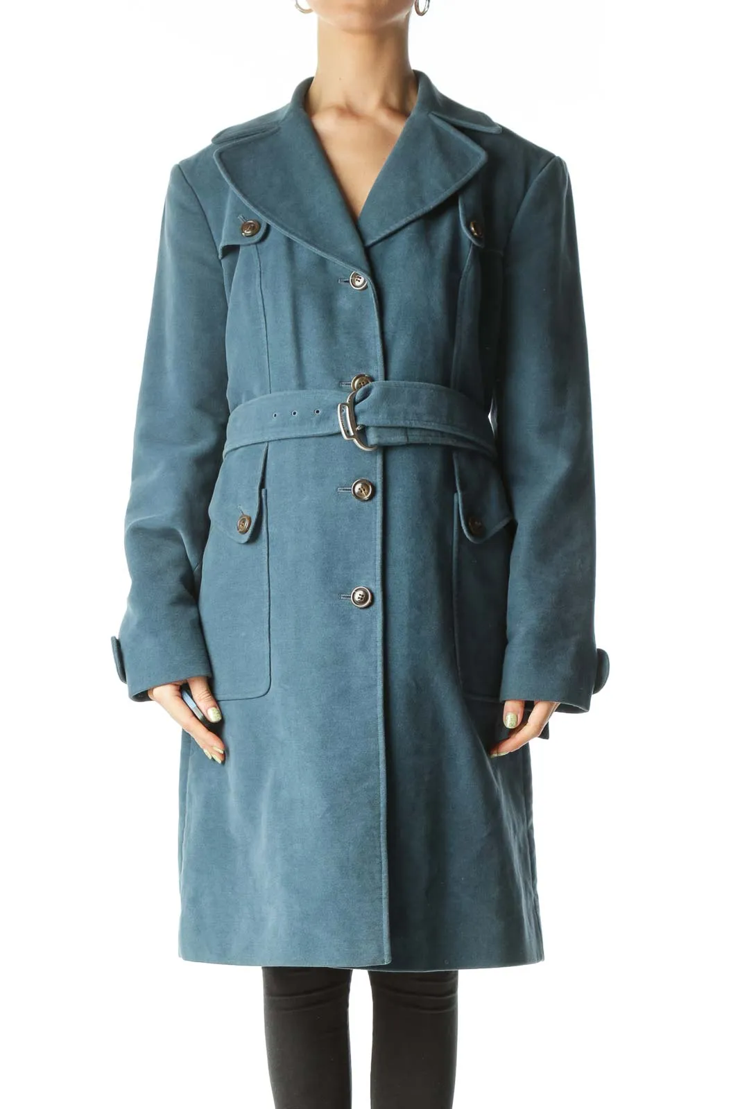 Blue Belted  Knee-Length Trench Coat