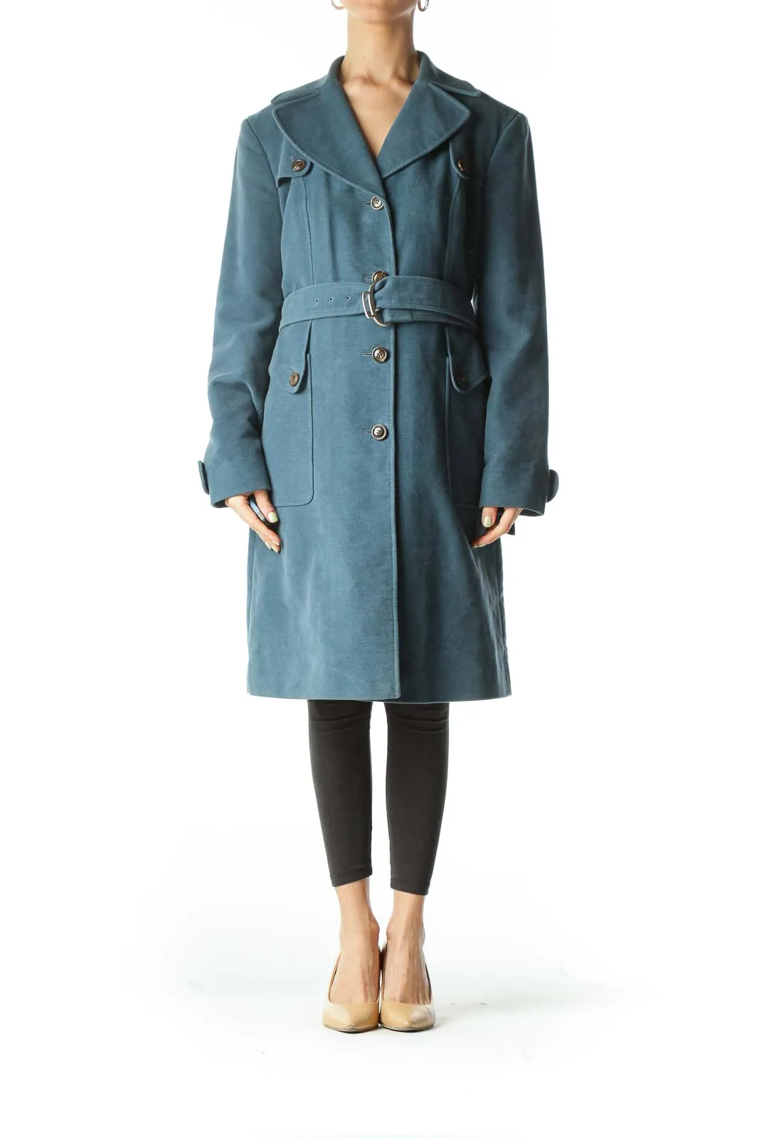 Blue Belted  Knee-Length Trench Coat