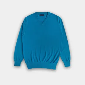 Blue Cashmere V-Neck Sweater