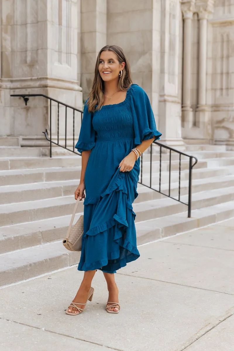 Blue Off The Shoulder Tiered Midi Dress - FINAL SALE