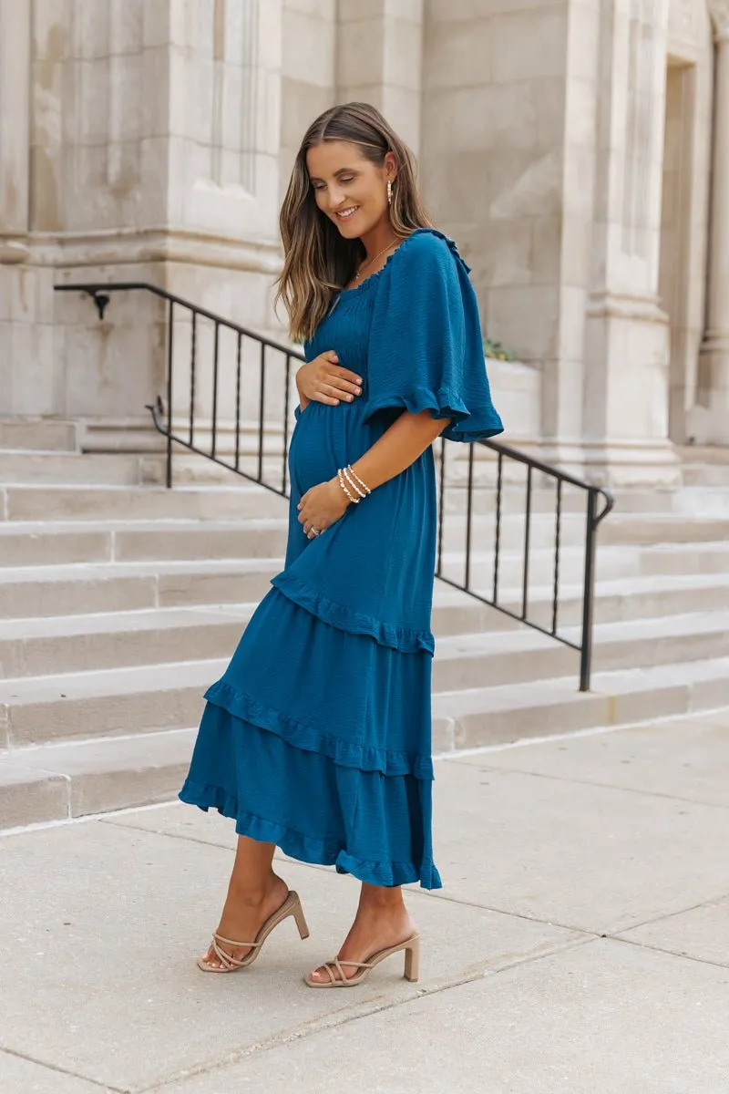 Blue Off The Shoulder Tiered Midi Dress - FINAL SALE