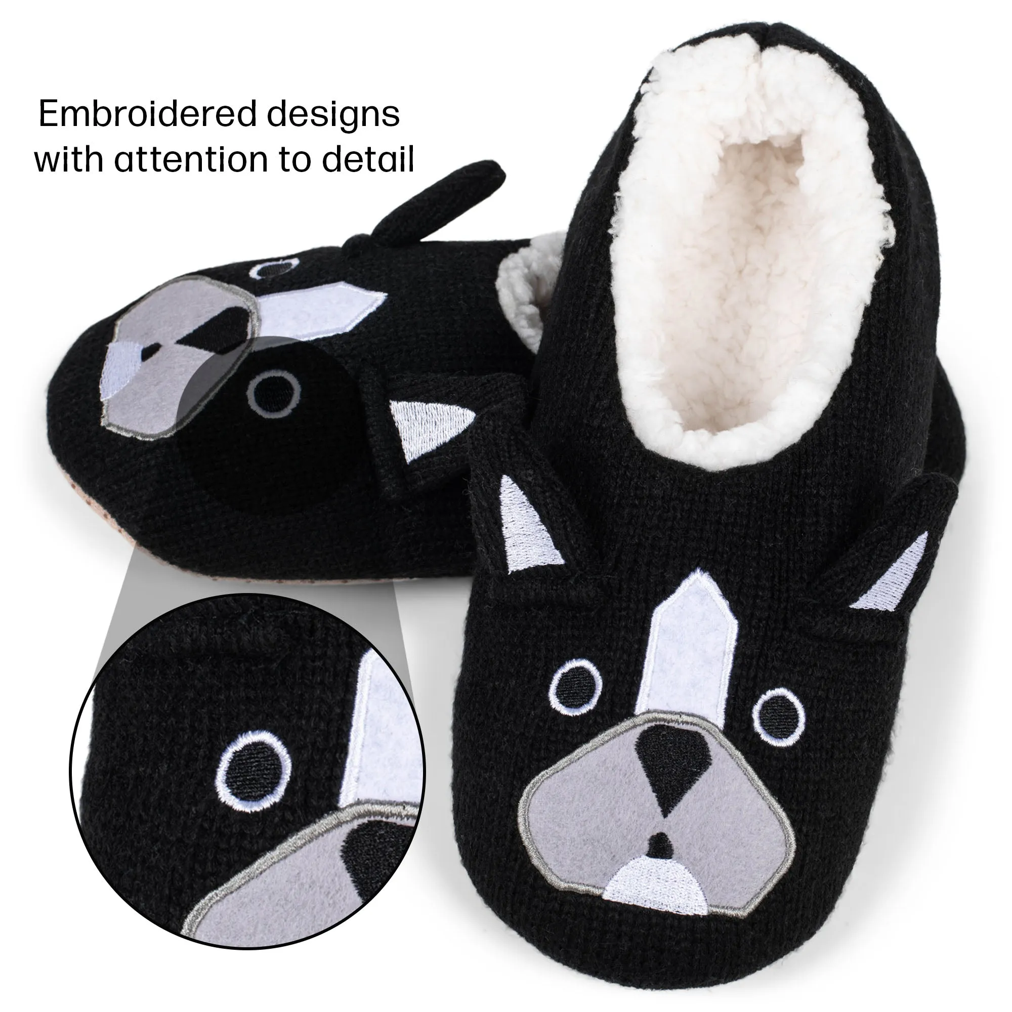 Bulldog Black Women's Animal Cozy Plush Lined Non Slip Fuzzy Slipper - Small