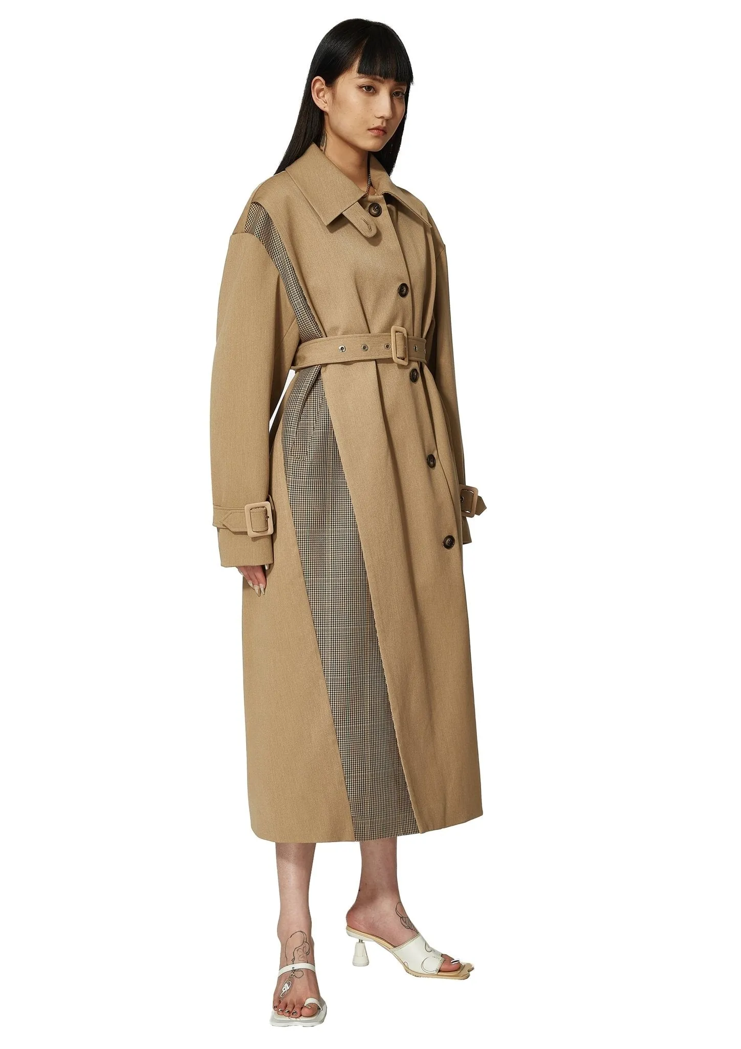 Camel Dislocation Waist Belted Trench Coat