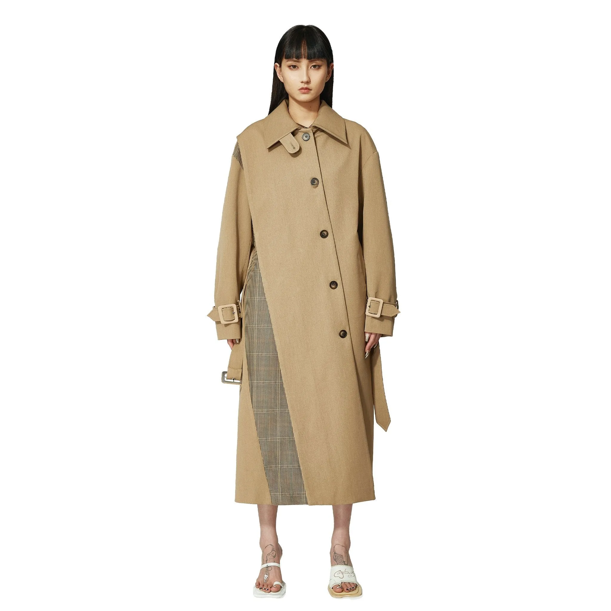 Camel Dislocation Waist Belted Trench Coat