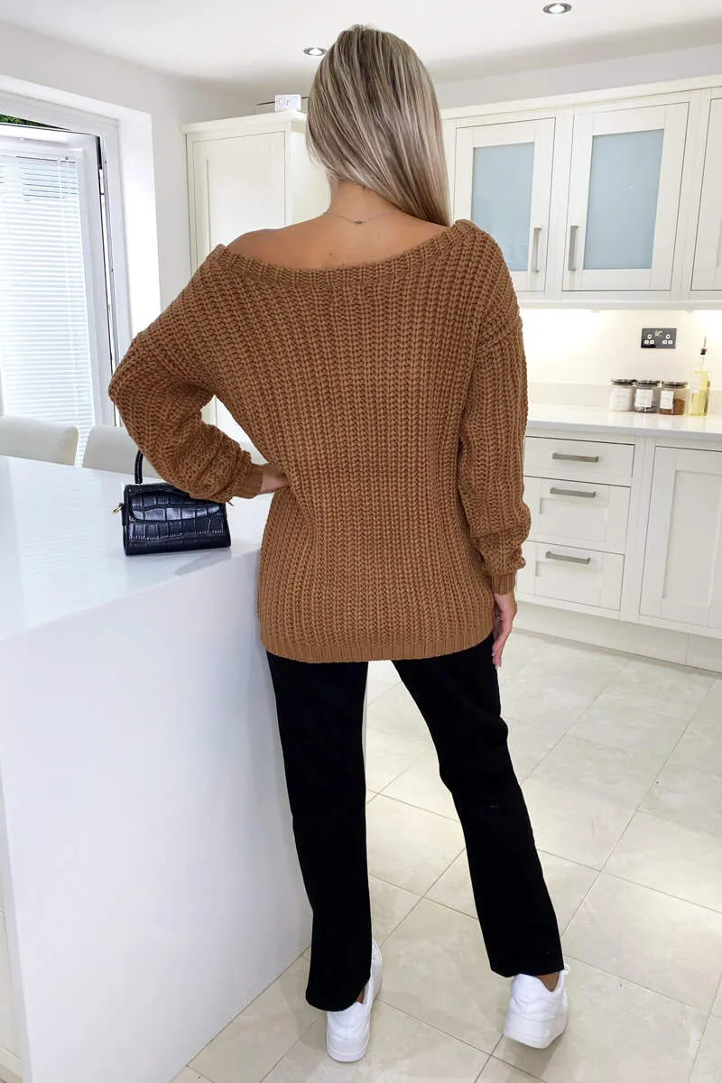 Camel Off The Shoulder Chunky Knit Jumper