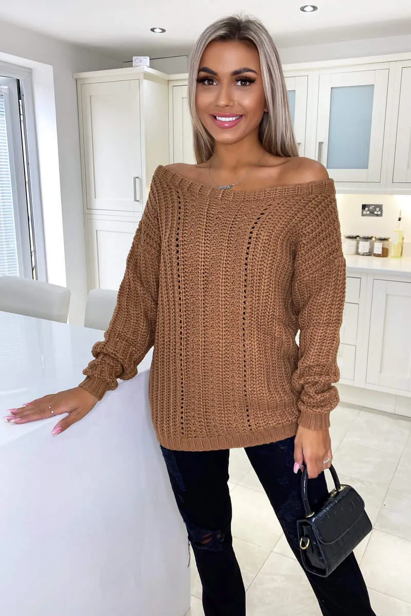 Camel Off The Shoulder Chunky Knit Jumper