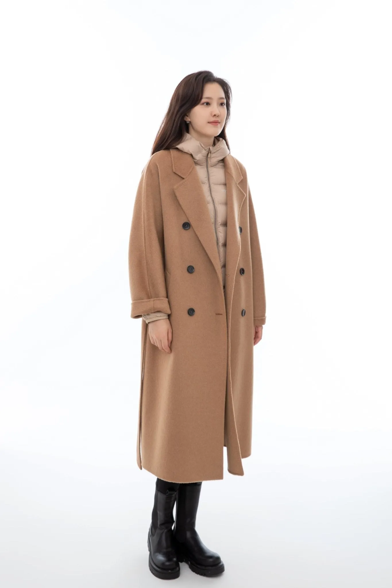 Camel Wool Overcoats with Waistband