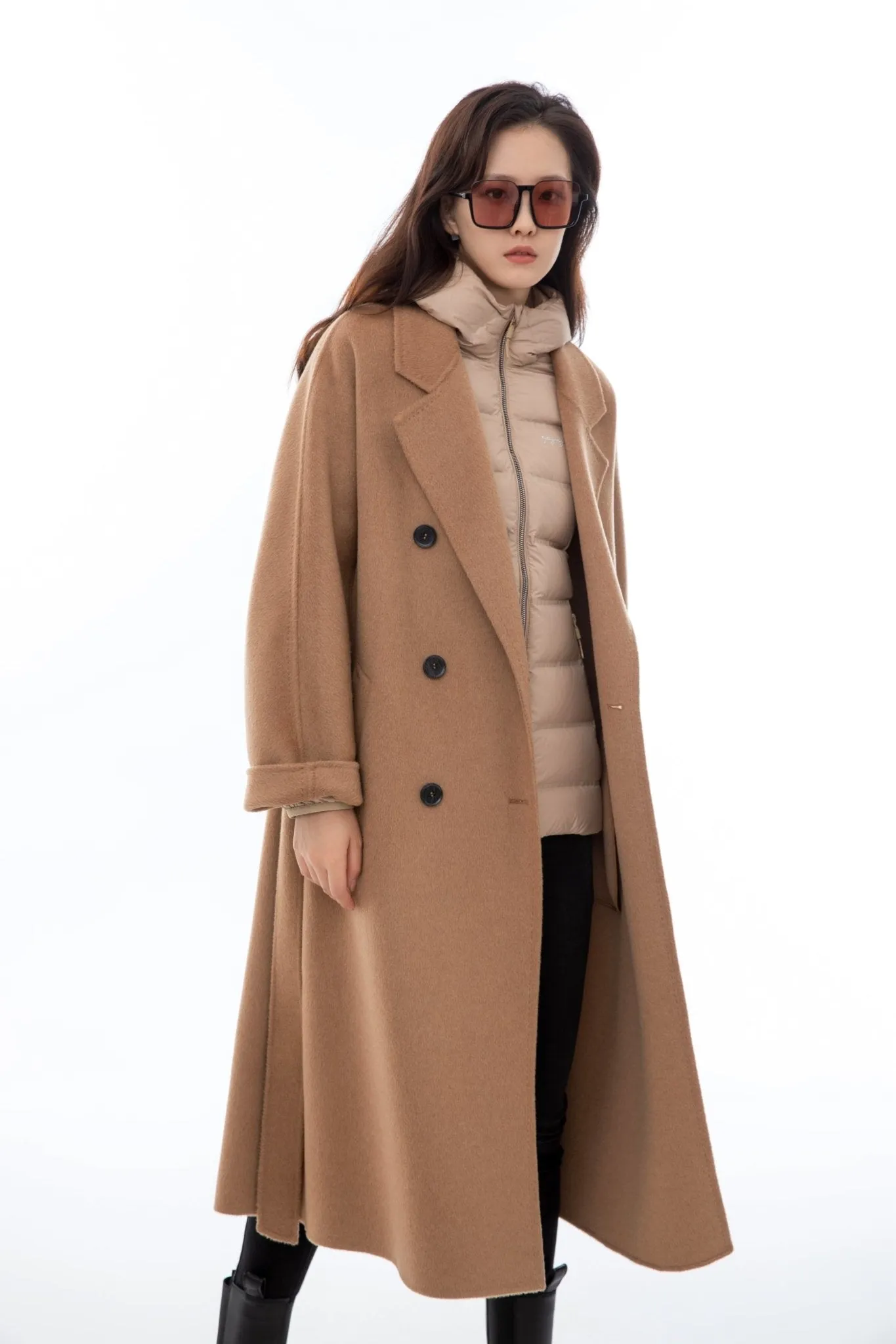 Camel Wool Overcoats with Waistband