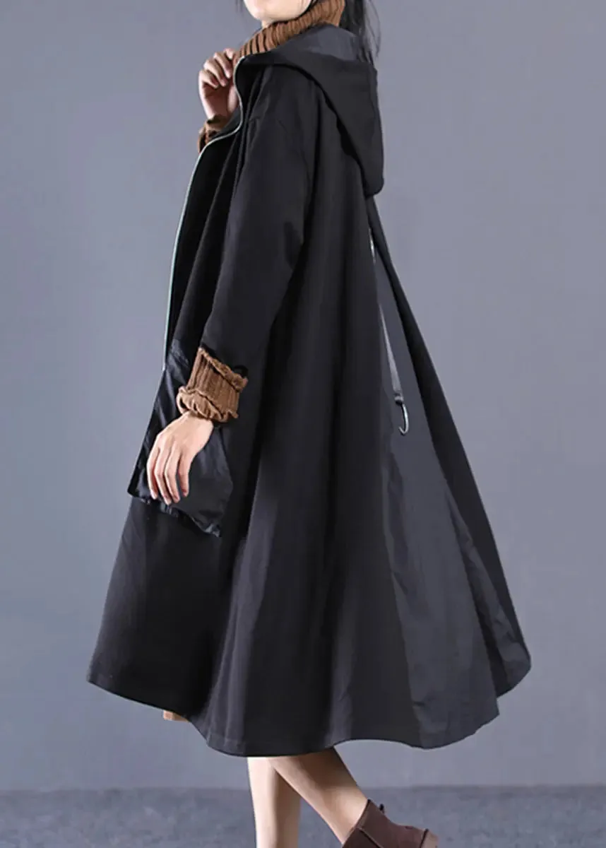 Casual Black Patchwork Zippered Long Hoodie Trench Coat Long Sleeve ML1211