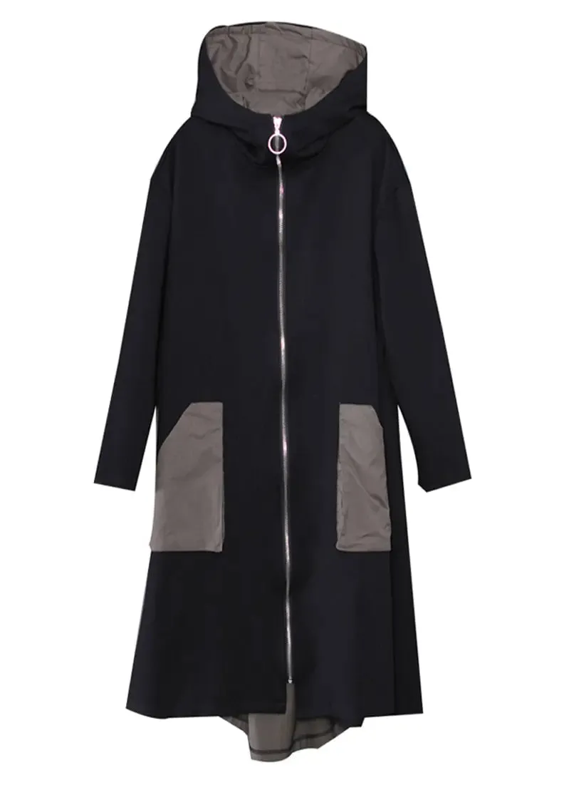 Casual Black Patchwork Zippered Long Hoodie Trench Coat Long Sleeve ML1211