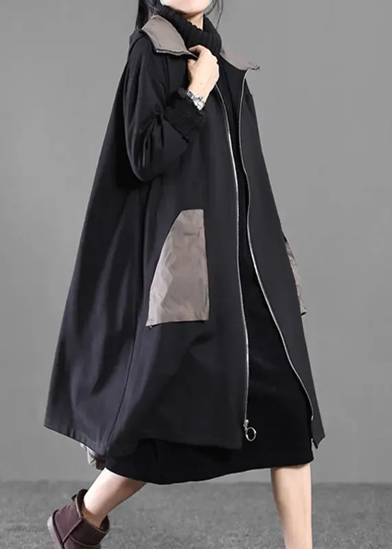 Casual Black Patchwork Zippered Long Hoodie Trench Coat Long Sleeve ML1211