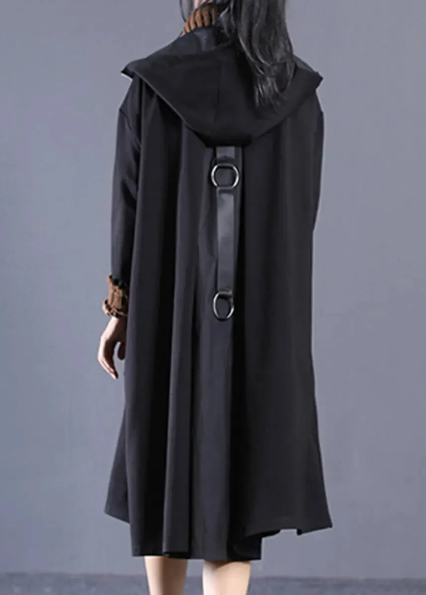 Casual Black Patchwork Zippered Long Hoodie Trench Coat Long Sleeve ML1211