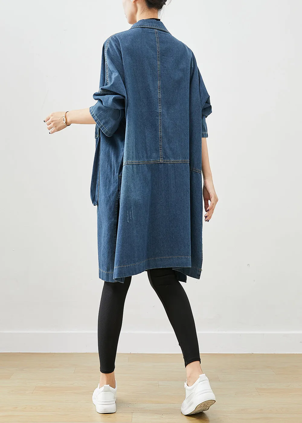 Casual Navy Oversized Big Pockets Denim Trench Fall ML1966