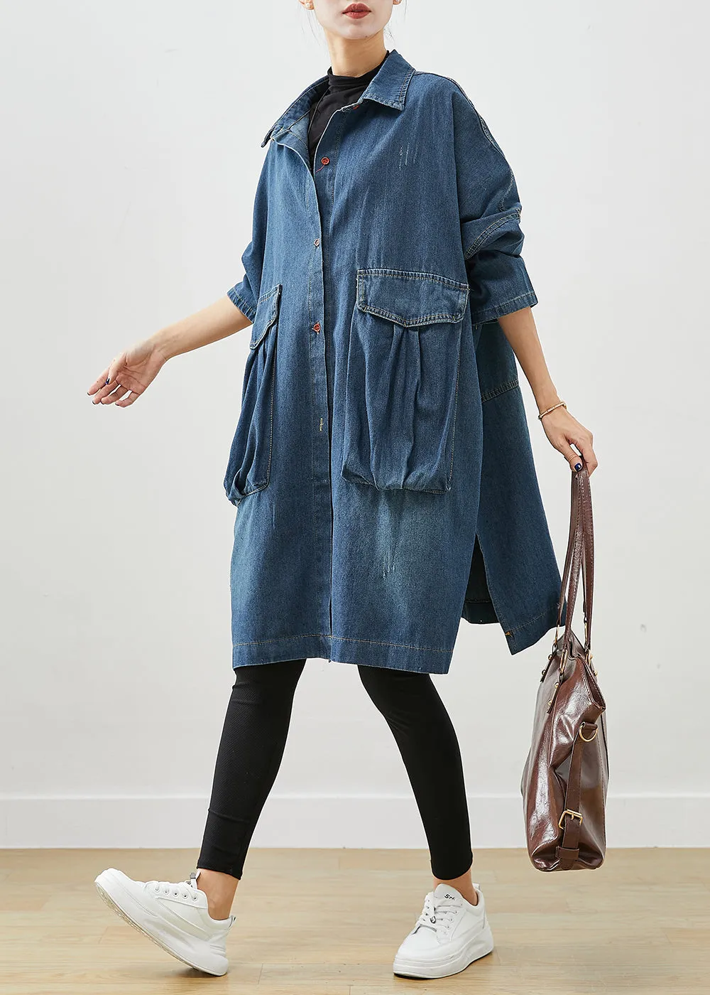 Casual Navy Oversized Big Pockets Denim Trench Fall ML1966