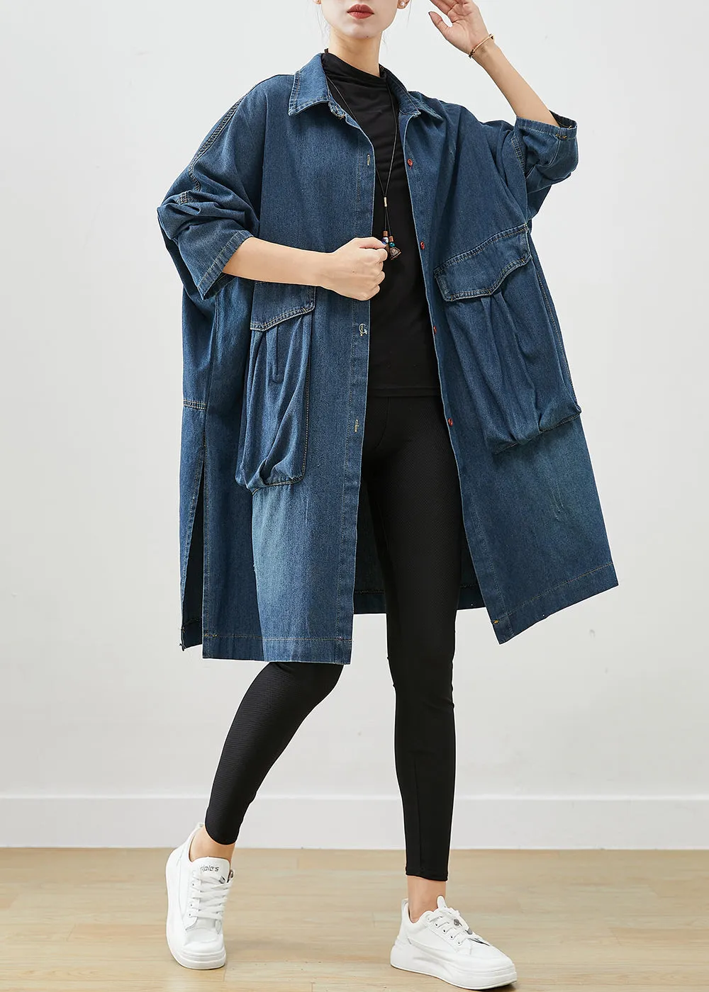 Casual Navy Oversized Big Pockets Denim Trench Fall ML1966