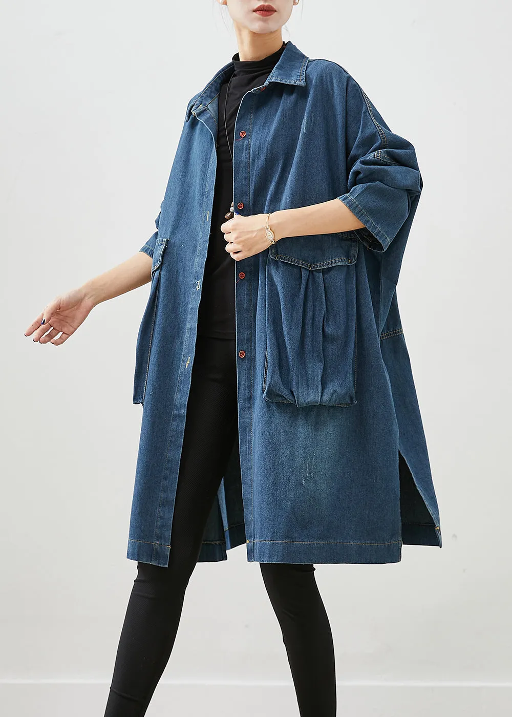 Casual Navy Oversized Big Pockets Denim Trench Fall ML1966