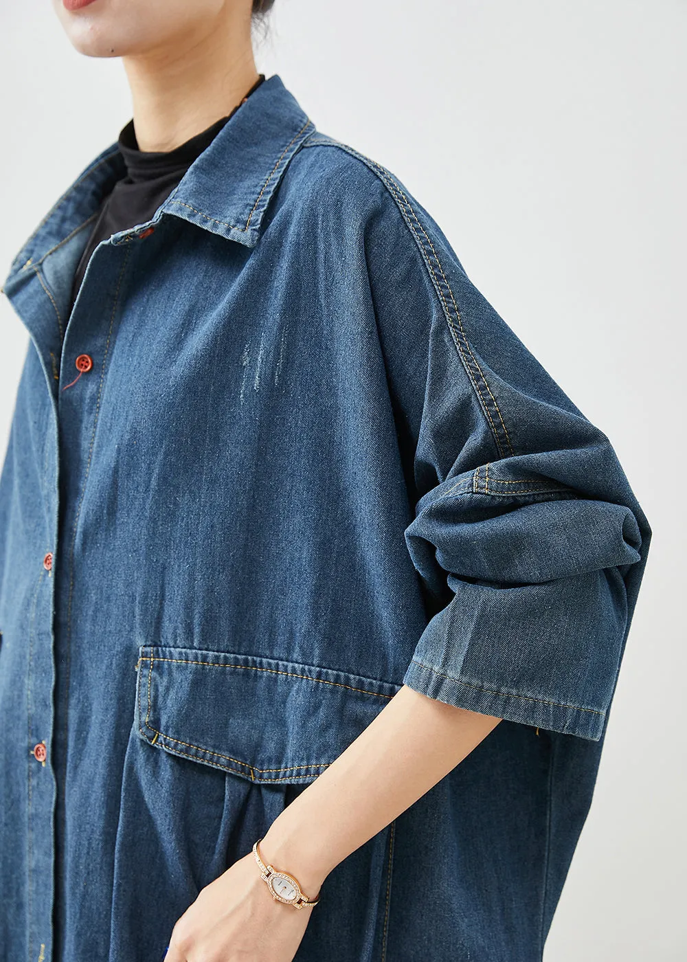 Casual Navy Oversized Big Pockets Denim Trench Fall ML1966