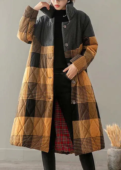 Casual Plus Size Winter Overcoat Yellow Plaid Stand Collar Button Down coats