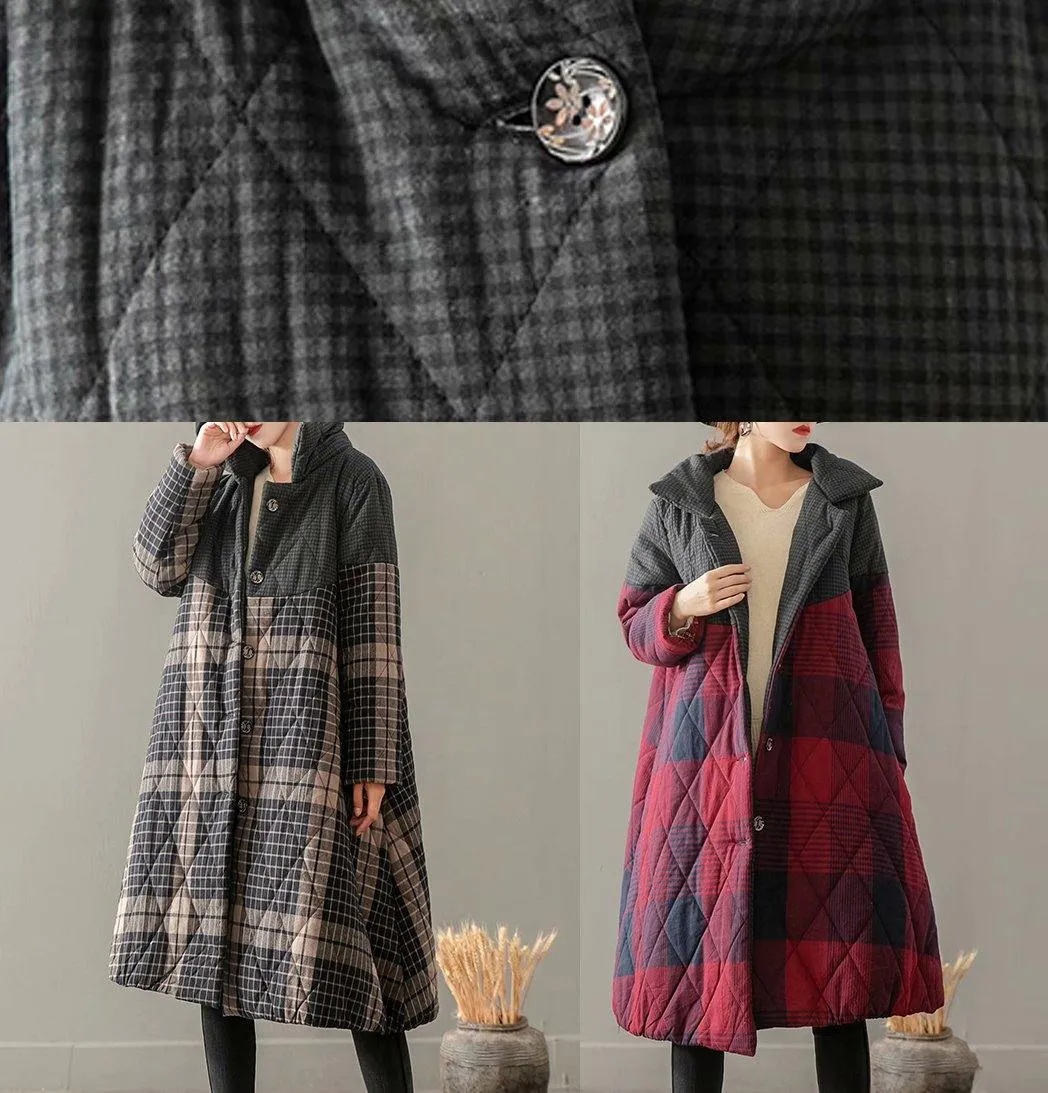 Casual Plus Size Winter Overcoat Yellow Plaid Stand Collar Button Down coats