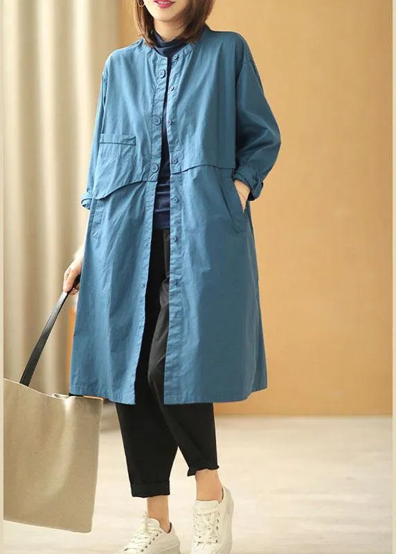 Chic Blue Stand Collar Button Pockets Fall Cotton Coats Long sleeve