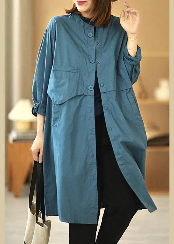 Chic Blue Stand Collar Button Pockets Fall Cotton Coats Long sleeve