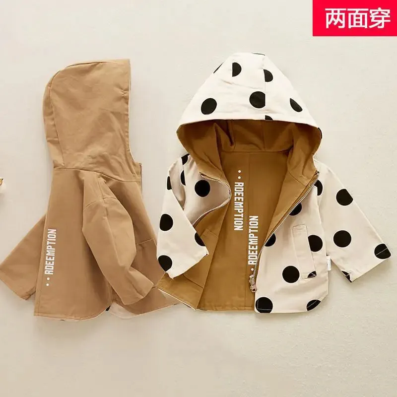 Children Jackets Girls Double Sided Outerwear Toddler Sport Coats Kids Hooded Clothing Spring Fall Boys Polka Dot Trench Coat