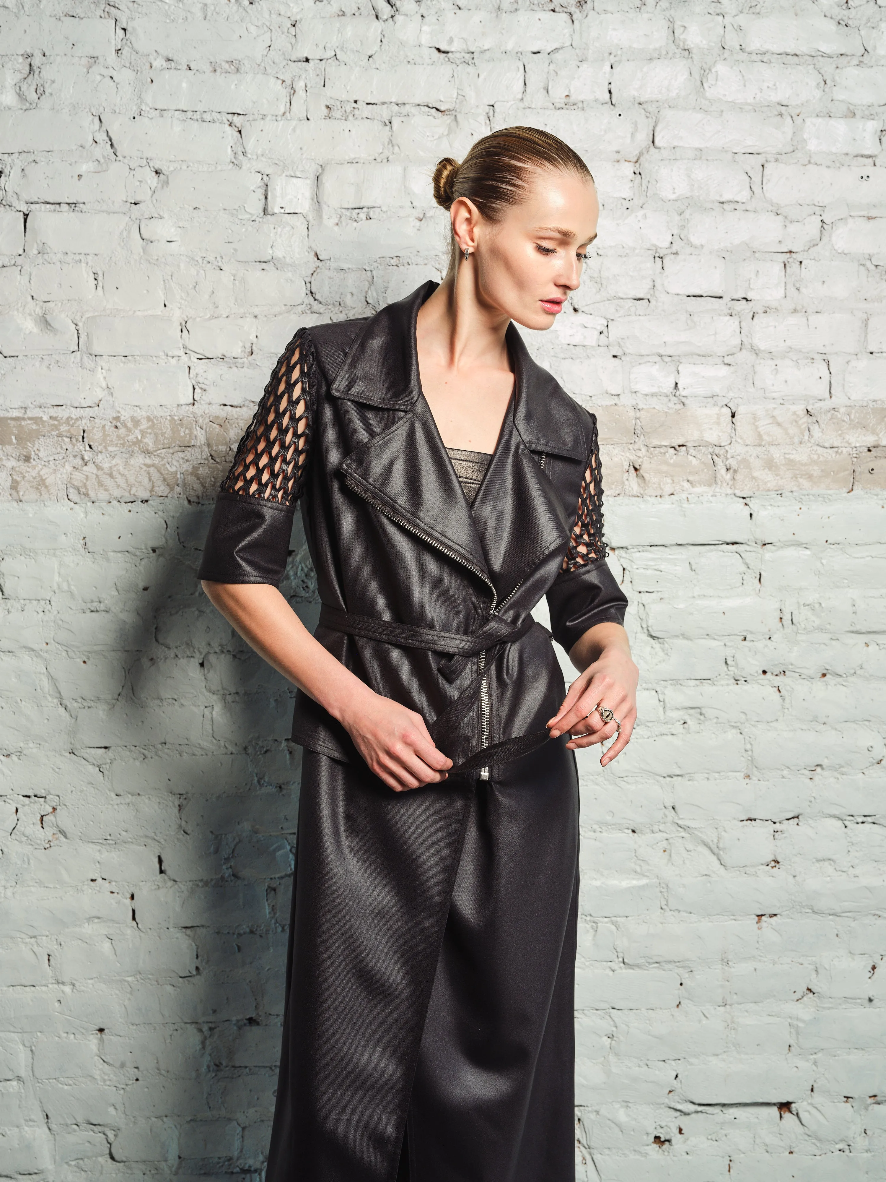 CLARA DRESS MOTO JACKET WITH COATED MESH SLEEVES