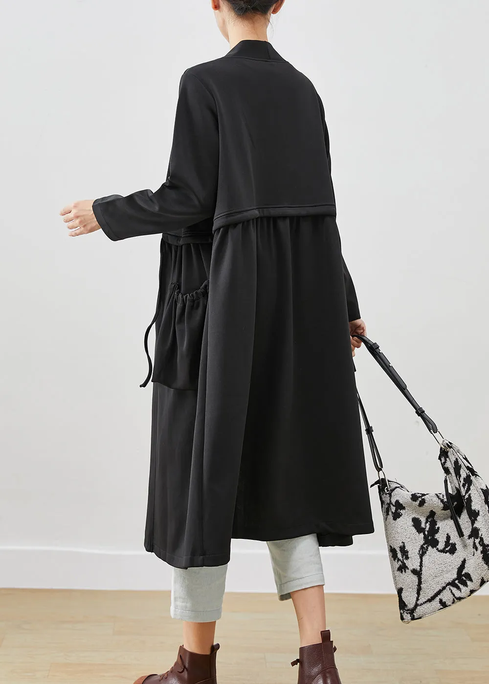 Classy Black Drawstring Pockets Cotton Trench Coats Fall ML2464