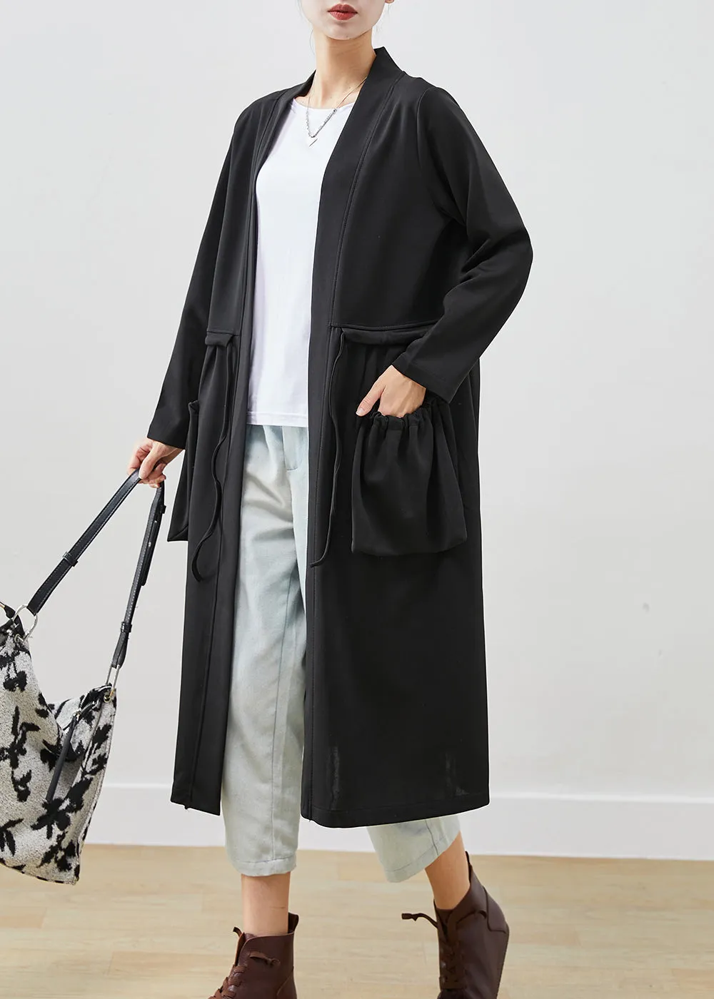 Classy Black Drawstring Pockets Cotton Trench Coats Fall ML2464