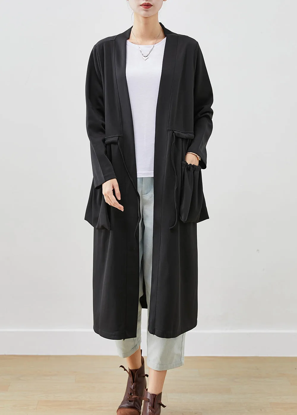 Classy Black Drawstring Pockets Cotton Trench Coats Fall ML2464